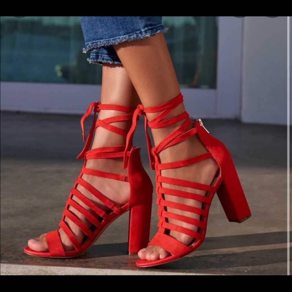 Sam Edelman Yarina Heels Sandal Red Strappy Suede 4 inch heel Sz 8.5